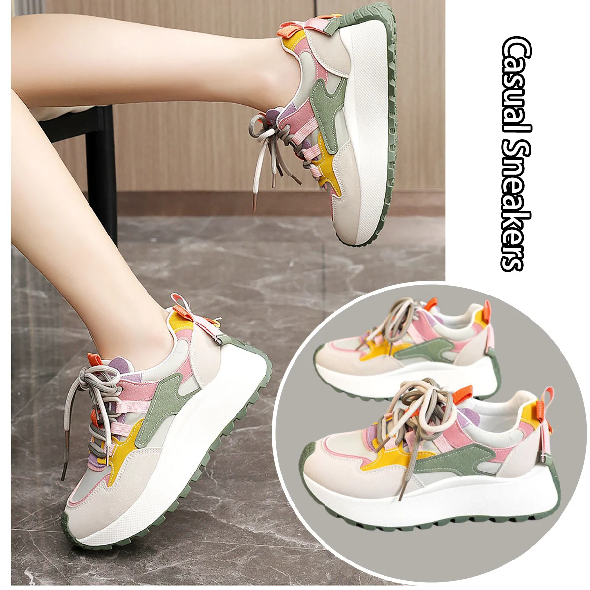 

Women Chunky Sneakers Colorful Platform Shoes 5.5cm Thick Sole Anti-Slip Rubber Outsole Round Toe Breathable Casual Walking Shoe