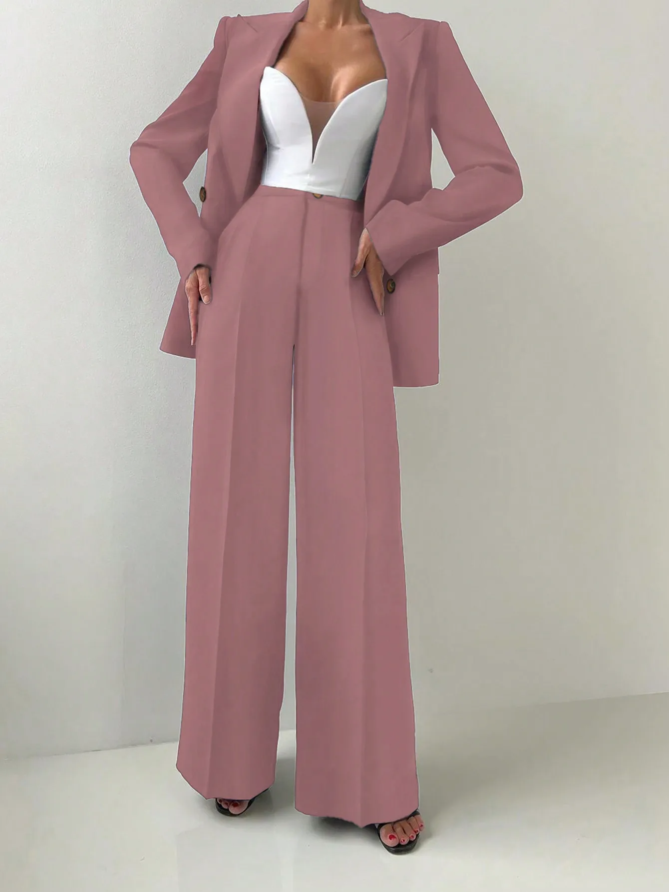 

Women Elegant Office & Casual Blazer And Straight Leg Pants Suit Set Autumn/Winter Suitable for Work Business