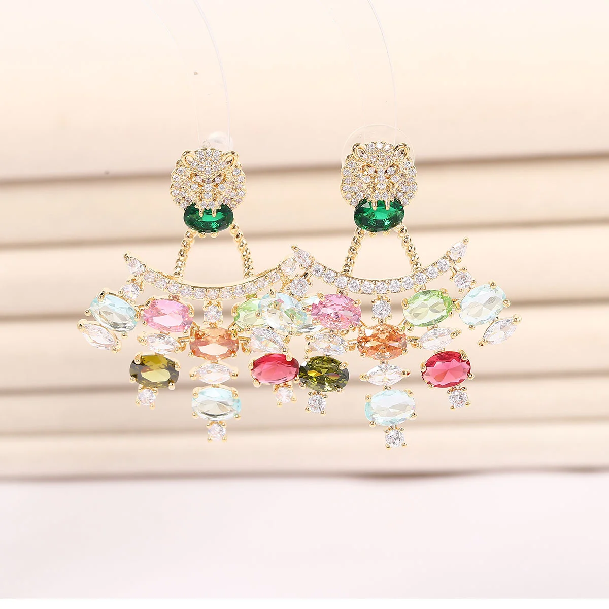 

925 Silver Needle Gold Plated Leopard Head Multicolor CZ Tassel Drop Earrings, Sparkling Luxury Statement Jewelry for Women