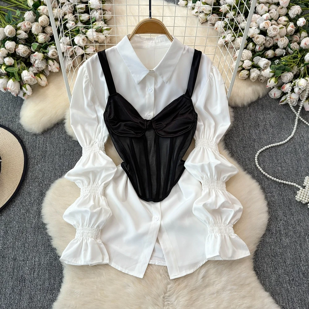 

Clothland women sweet white black blouse suit two piece set long sleeve shirt with mesh camis fashion tops blusa LB148