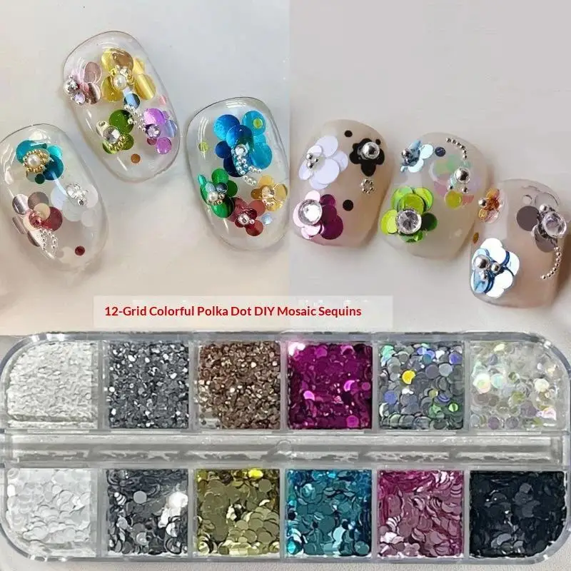 12 Fächer Runde Punkt-Blumen-Nagelkunst-Pailletten mit Glänzendem Glitzer in Verschiedenen Farben für DIY Nagelstudio Maniküre Dekoration – Detail 3
