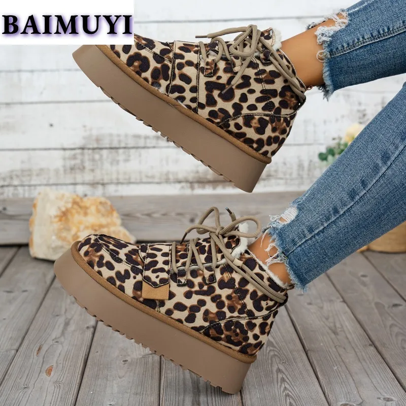 Leopard Women Platform Flats Snow Ankle Boots Suede Warm Shoes Winter 2025 New Short Plush Chelsea Boots Casual Sport Booties