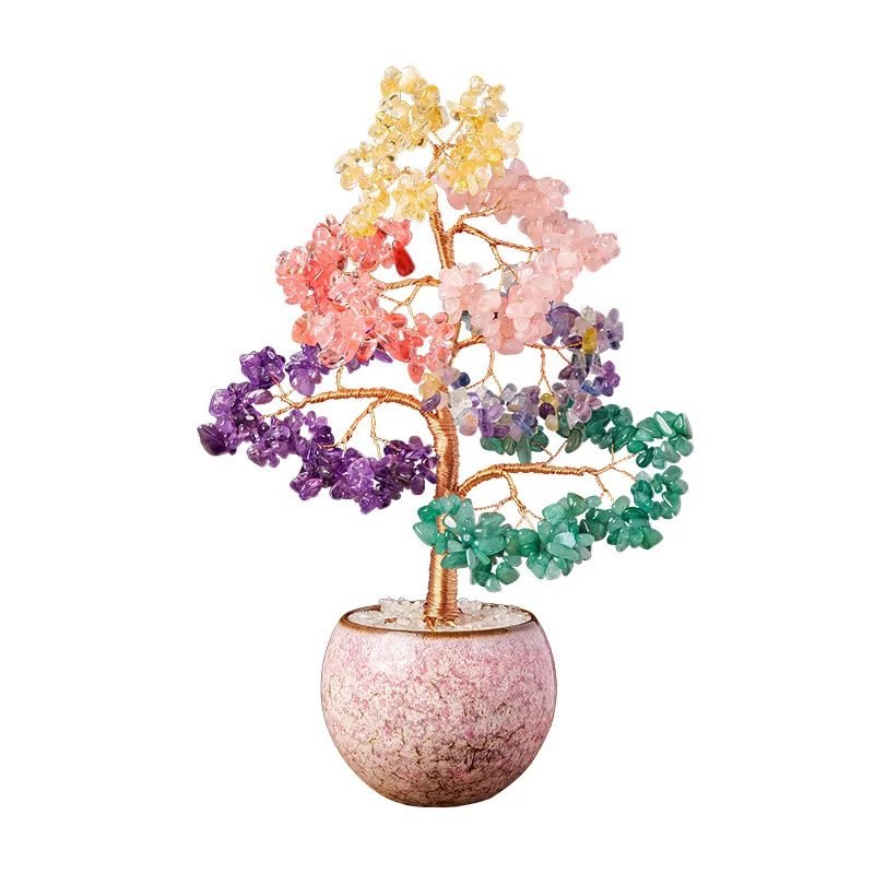 1PC Natural Crystal Multi-Colored Pebbles Money Tree, Hand-Woven Crystal Prosperity Tree, Office Desk Decoration Item Gift