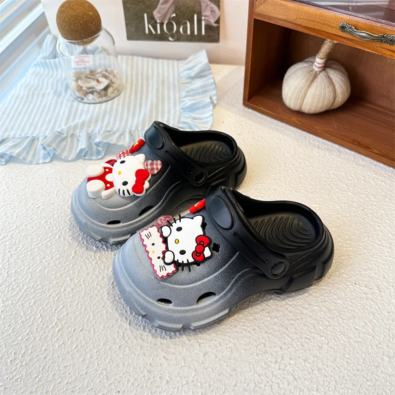 Gradient Color Hello Kitty Platform Clogs Women Gingham Flower Button Charms Soft Eva Non Slip Summer Beach Casual Clog Sandals