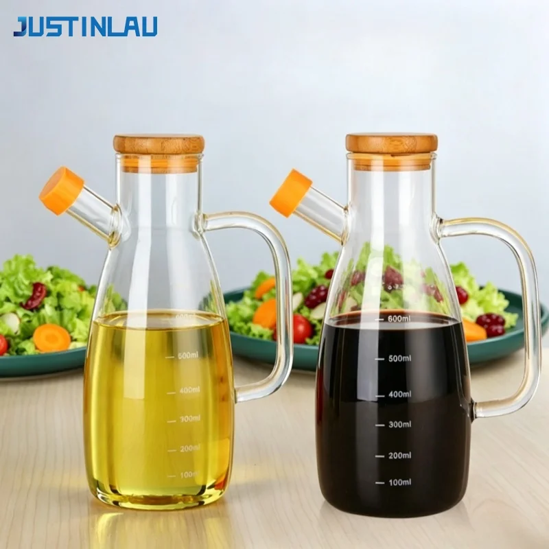 JUSTINLAU Botella de vidrio para aceite de cocina, vinagre, salsa de soja, botella para condimentos con línea de escala y tapa de madera, botella de almacenamiento de aceite a prueba de fugas para el hogar