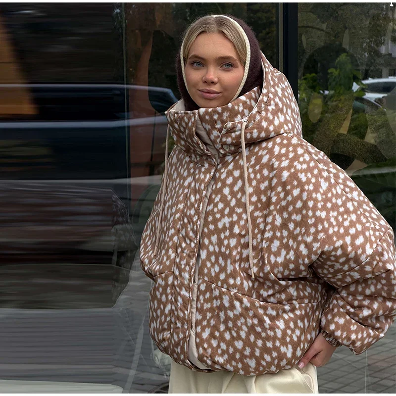 Chic Women's Elk Printed Reversible Padded Coats Hooded Full Sleeve Zip-up Pocket Cotton Jacket 2026 Winter Warm Thicken Outwear