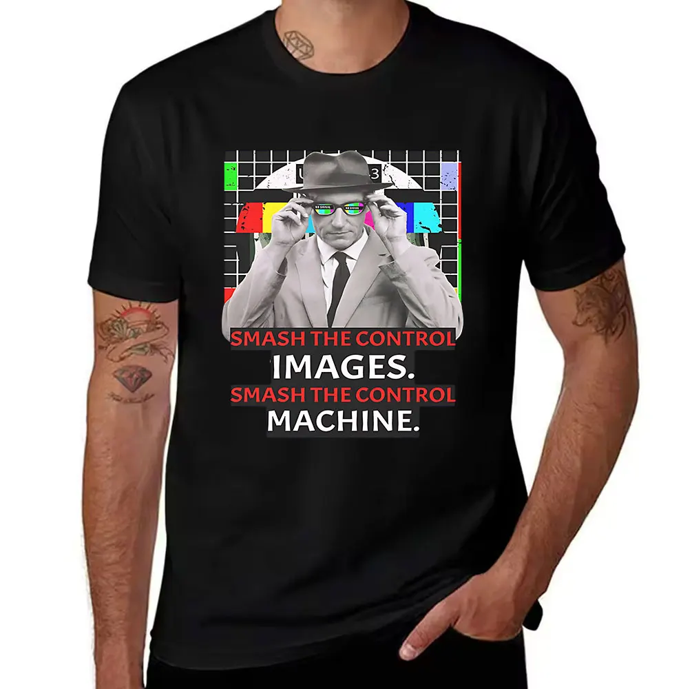 Men's Cotton T-Shirt Smash The Control Images Machine Print Retro TV Signal Graphic Tee Casual Streetwear Top