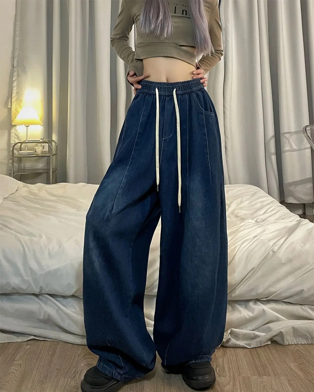 Women Vintage Streetwear Denim Pants Korean Loose Oversized  Lace Up Jeans Wide Leg Grunge Denim Pants Y2K Jeans Trousers