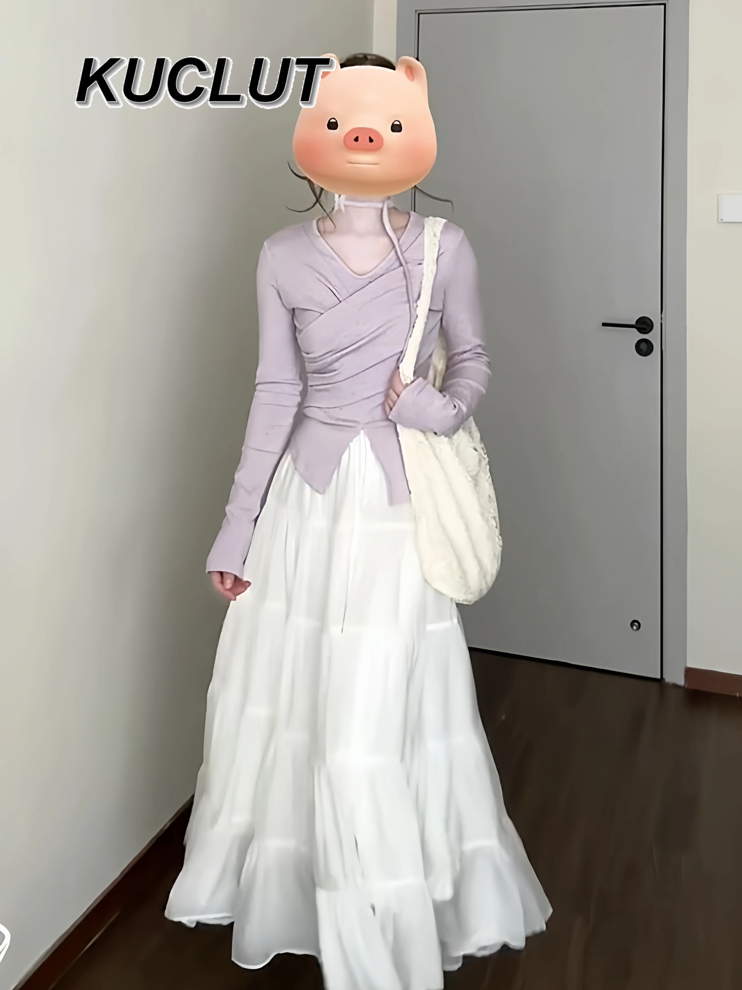 ربيع الخريف ملابس غير رسمية الكورية نمط أنيق قطعتين مجموعات للنساء الأرجواني غير النظامية أعلى + كعكة بيضاء تنورة طويلة مجموعة