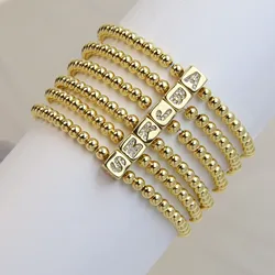 Vintage Cube Square Small Letters Bracelet for Women Gold Plated 26 A-Z Letters Copper Beads Elastic Beaded Bracelet Jewelry
