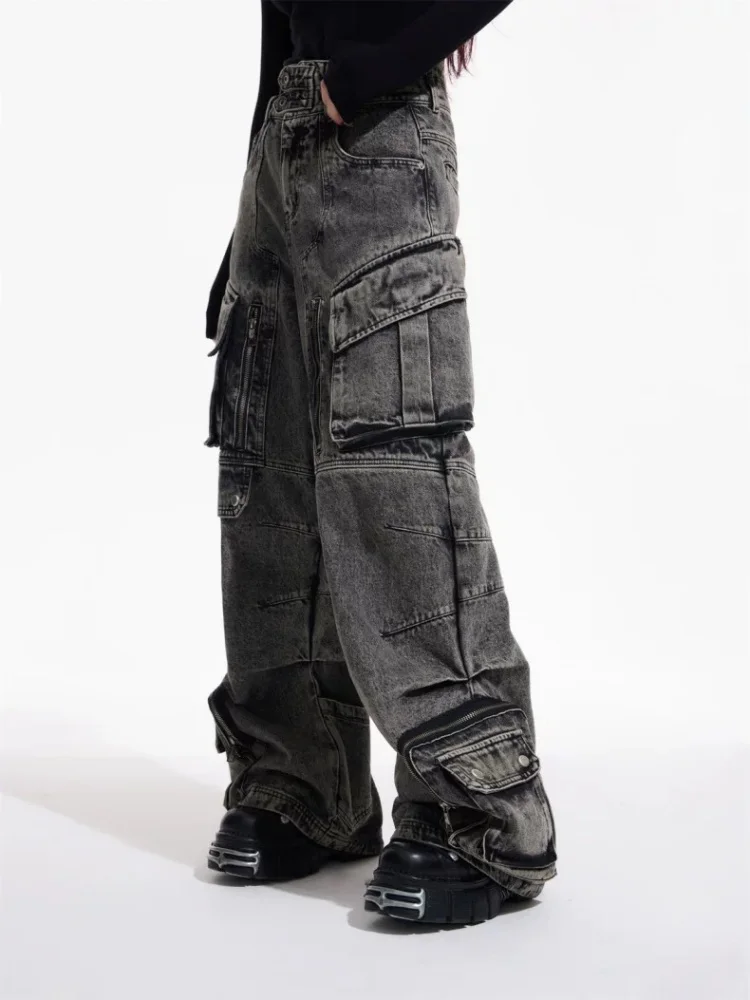 Trashy Y2K 2000S Streetwear Vintage Grau Baggy Plissee Cargo Jeans Hosen Für Frauen Kleidung Multi Taschen Breite Bein Dame Hosen