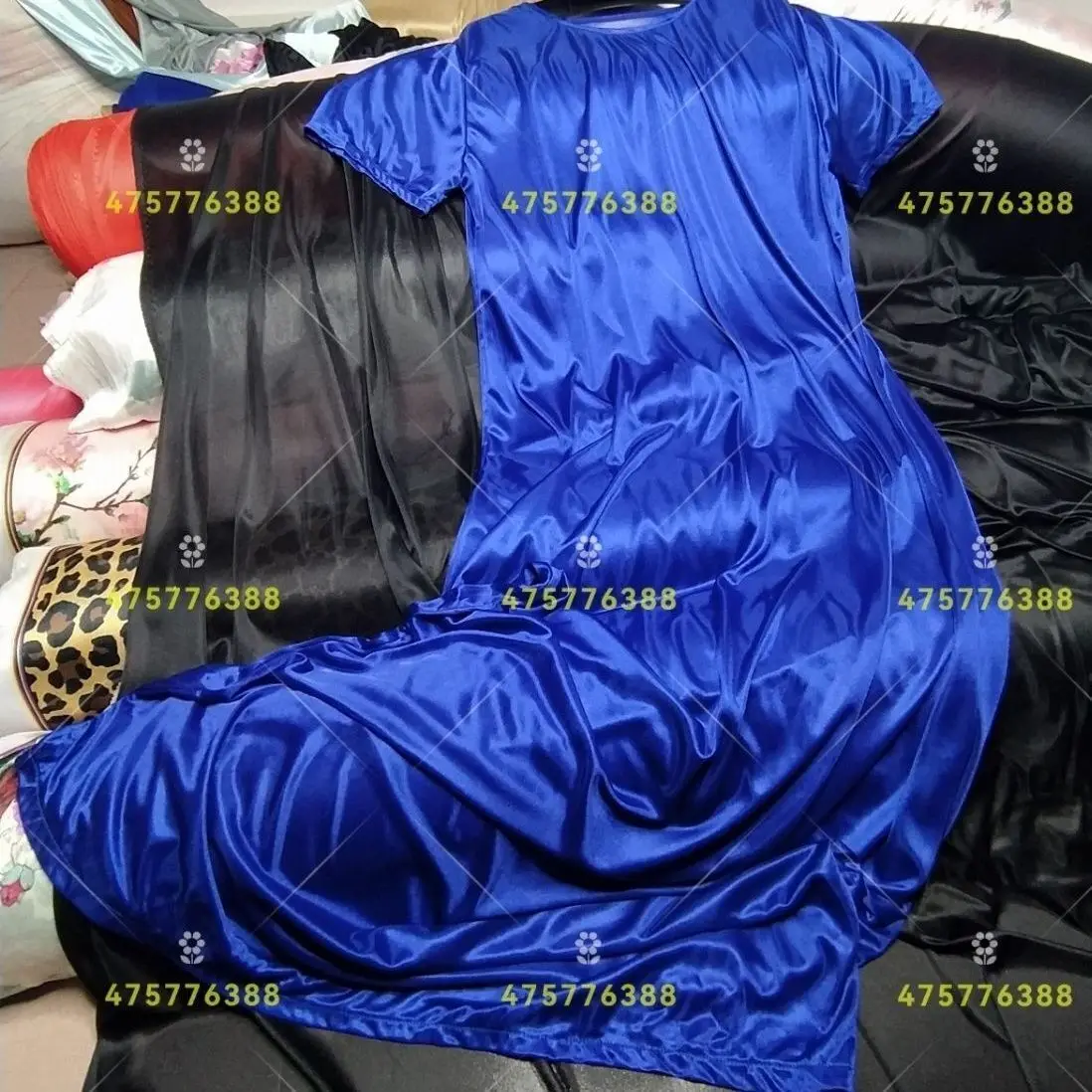 Glossy Sexy Women Satin Long Dress Short Sleeve Plus Size Loose Sleeping Robe