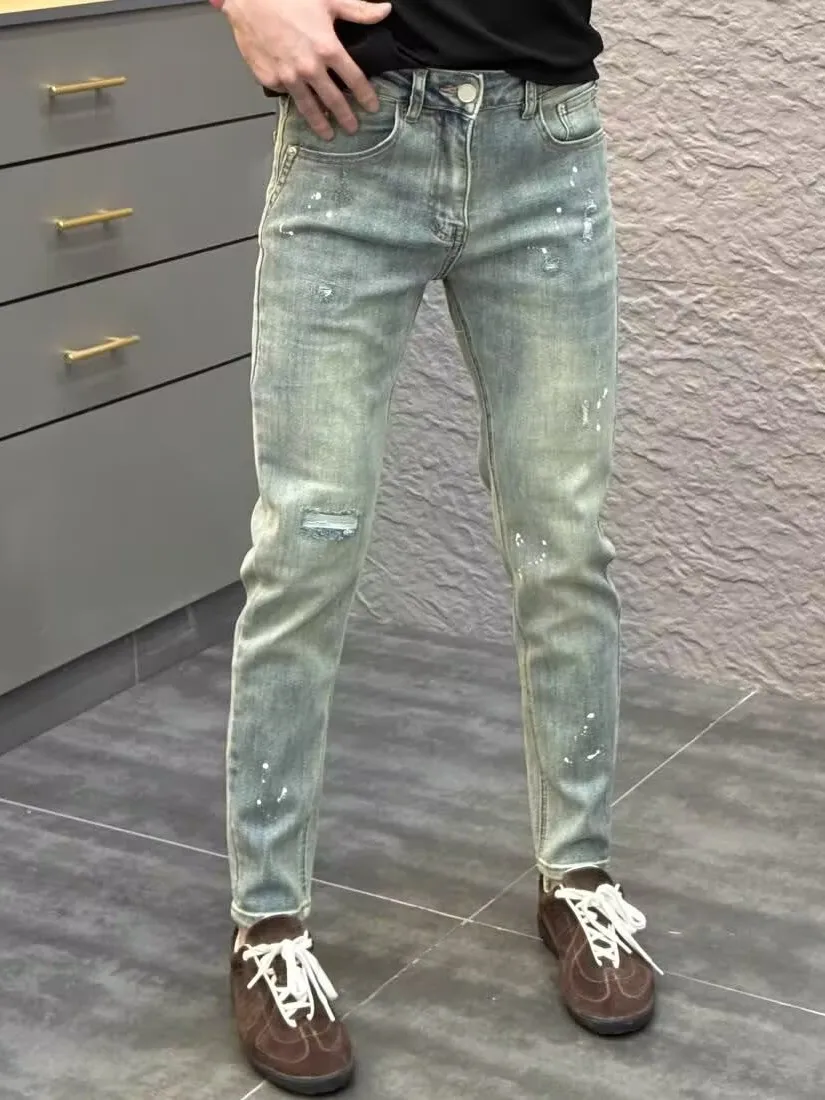

Мужские летние облегающие джинсы с распределительными чернилами, винтажные эластичные повседневные длинные брюки Wa, модные универсальные молодежные джинсы