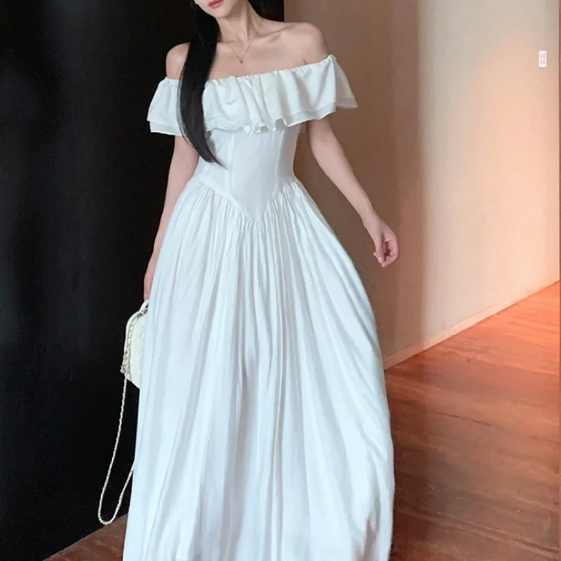 

Sweet and Gentle Square Neck Ruffle Long Dress Waist-Cinching Slimming Design French Style Summer New High-End Elegant Dress