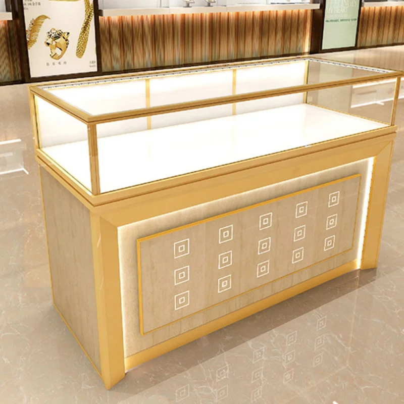 Custom, SUNDO Factory custom logo marble gold metal led light jewellery showcase jewelry shop glass display cabinet