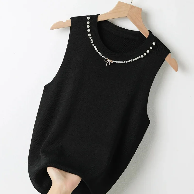 

Knitted Sweater Women Pullovers O-Neck Beading Bow Knit Sweater Pullover Women Tops Fashion Sleeveless Sueters De Mujer Q3401