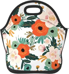 Orange Flowers Neoprene Lunch Bag, Insulated Lunch Box for Women, Reusable Lunch Tote Bags with Zipper for Work School Picnic