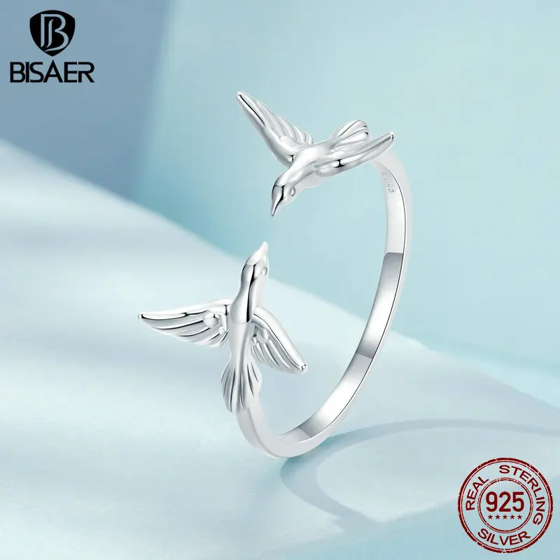 BISAER 925 Sterling Silver Pair Kingfishers Open Ring Size 5-9 Bird Band Plated White Gold for Women Party Fine Jewelry Gift