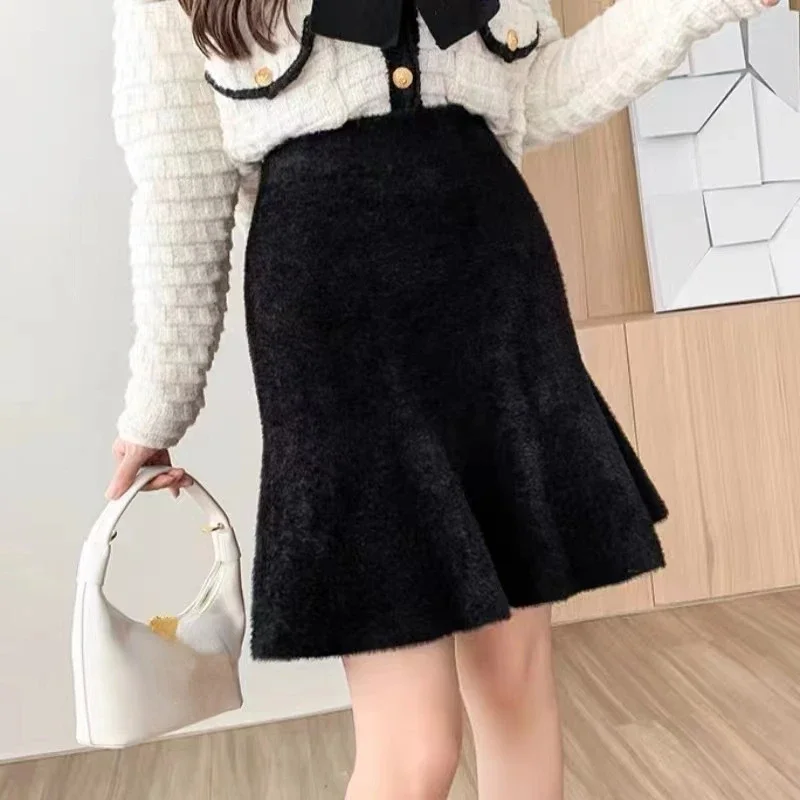 Matakawa Ruffles Mermaid Skirts Women Solid Mink Cashmere Autumn Winter Faldas Mujer Korean Fashion Sweet Chic Mini Skirt