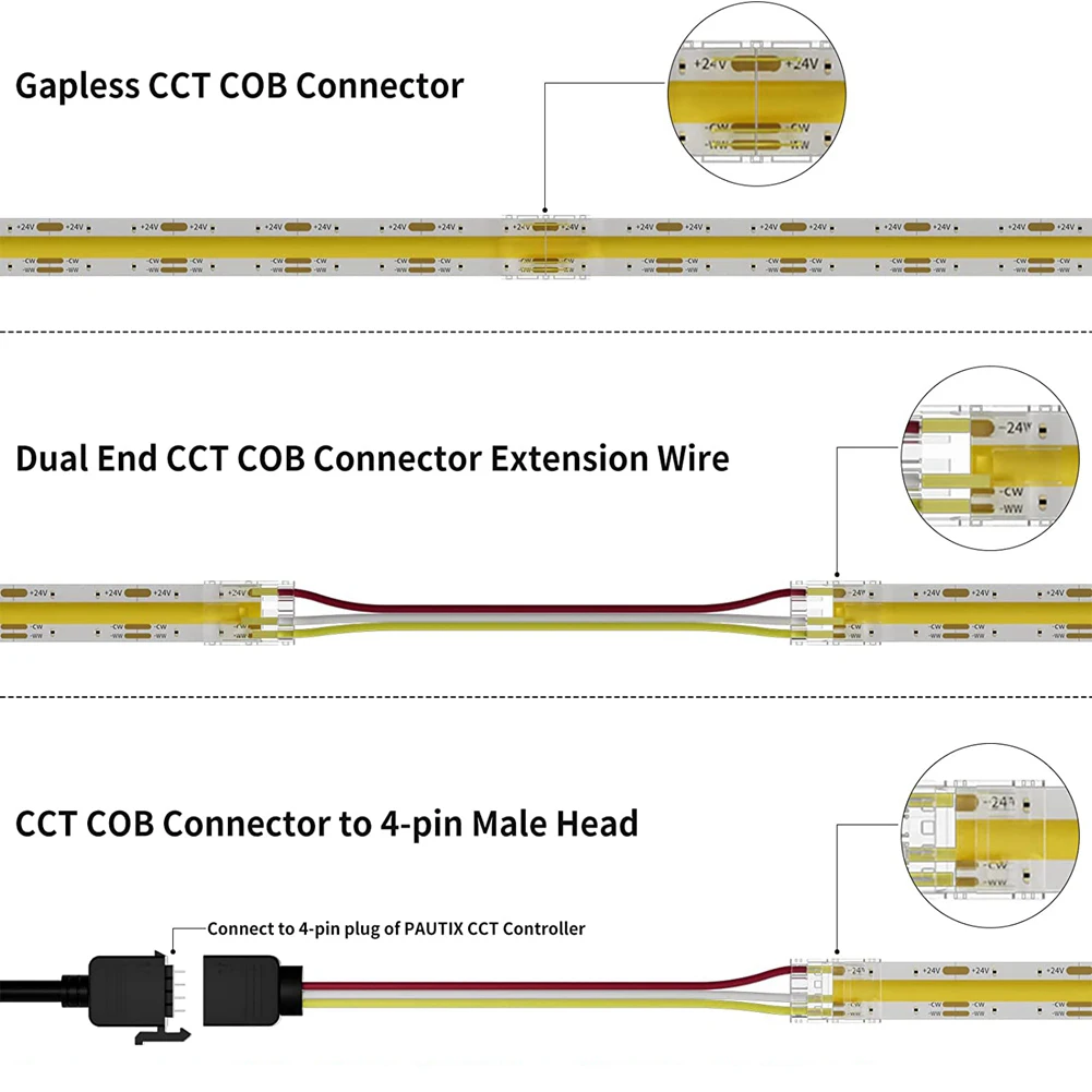 10mm Connectors for CCT Tunable COB LED Strip Light 3 Pin Solderless Terminal Extension Connection Kit