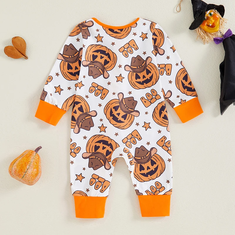 2024-05-29 Lioraitiin Baby Girls Boys Rompers Halloween Clothes Pumpkin/Cow Print Crew Neck Long Sleeve Toddler Fall Bodysuits