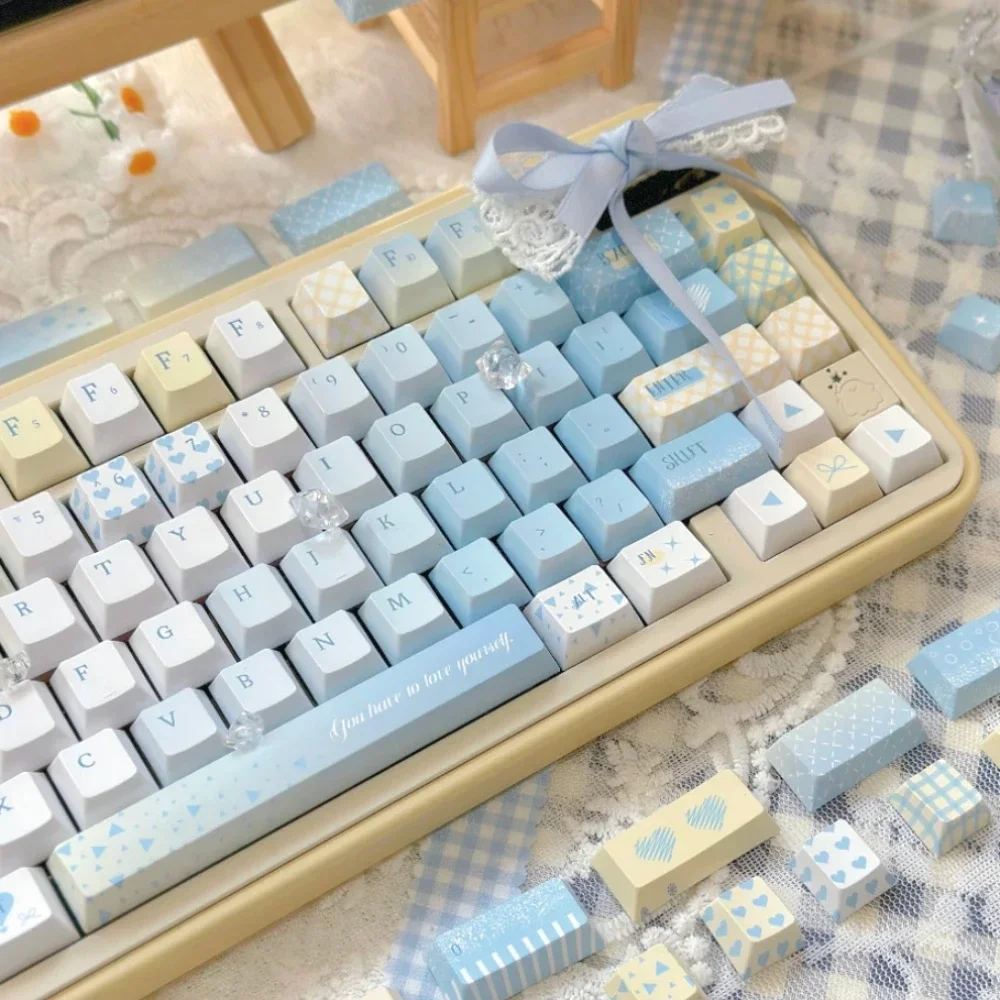 Milky Yellow Blue Gradient Keycap Cherry Profile PBT Sublimation Small Fresh Keycaps Seven-Point Blue Theme Keyboard Key Caps