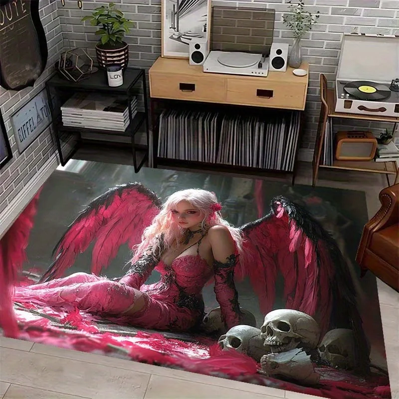 Black‑Winged Angel Printed Large Non‑Slip Rug, Decor Floor Mat for Bedroom, Living Room, Dorm, Balcony and Yoga