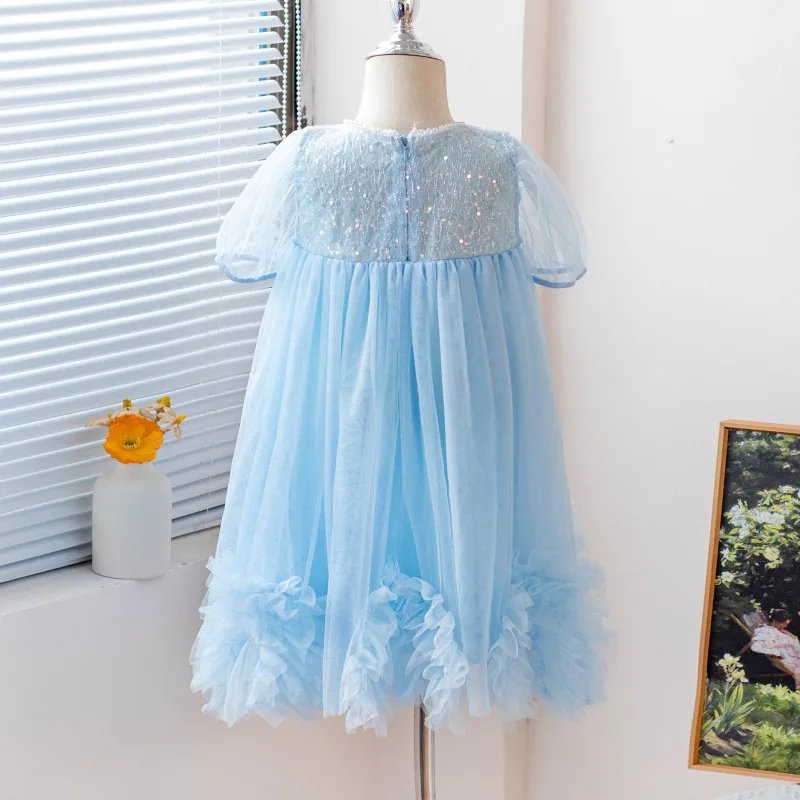 Summer New Baby Girls Puff Sleeve Princess Dress - Toddler Sequin Embroidered Tulle Dress with 3D Floral Appliqués Elegant Style