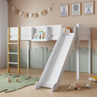 Loft Bed with Straight Ladder & Slide, Youth Bed with Shelf & Safety Rails, Kids Bunk Bed, 90x200 cm, White + Natural