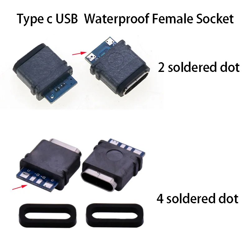

2Pcs USB TYPE C Wire Type IPX7 Waterproof Female Socket 2 4 Solder Joints With Board Waterproof Charging Port USB C Interface