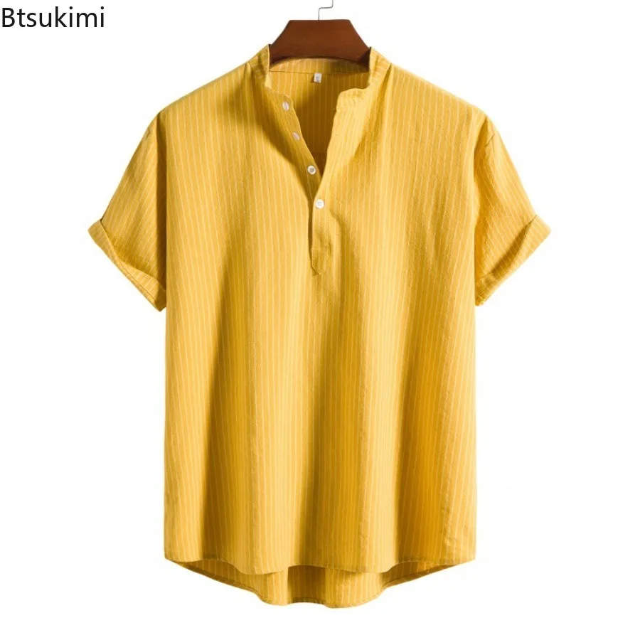Verão novo masculino manga curta listrado solto camisas casuais moda meio botão-up pullovers simples e confortável camisas de algodão masculino