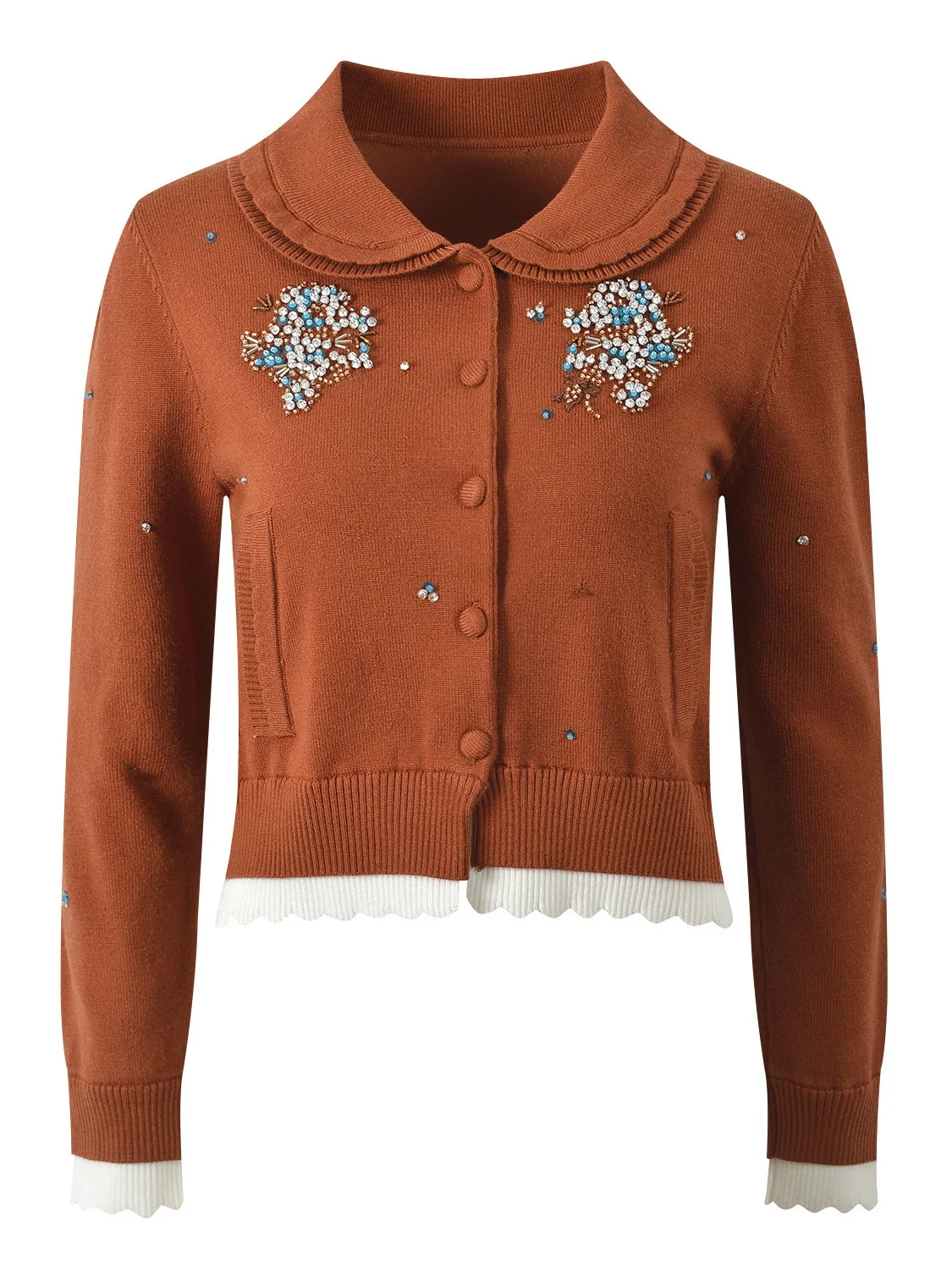 خريف 2025 سترة محبوكة جديدة ذات ياقة دمية ثقيلة مزخرفة سترة Jaet طويلة Sve بقصة ضيقة سترة مزينة بالخرز