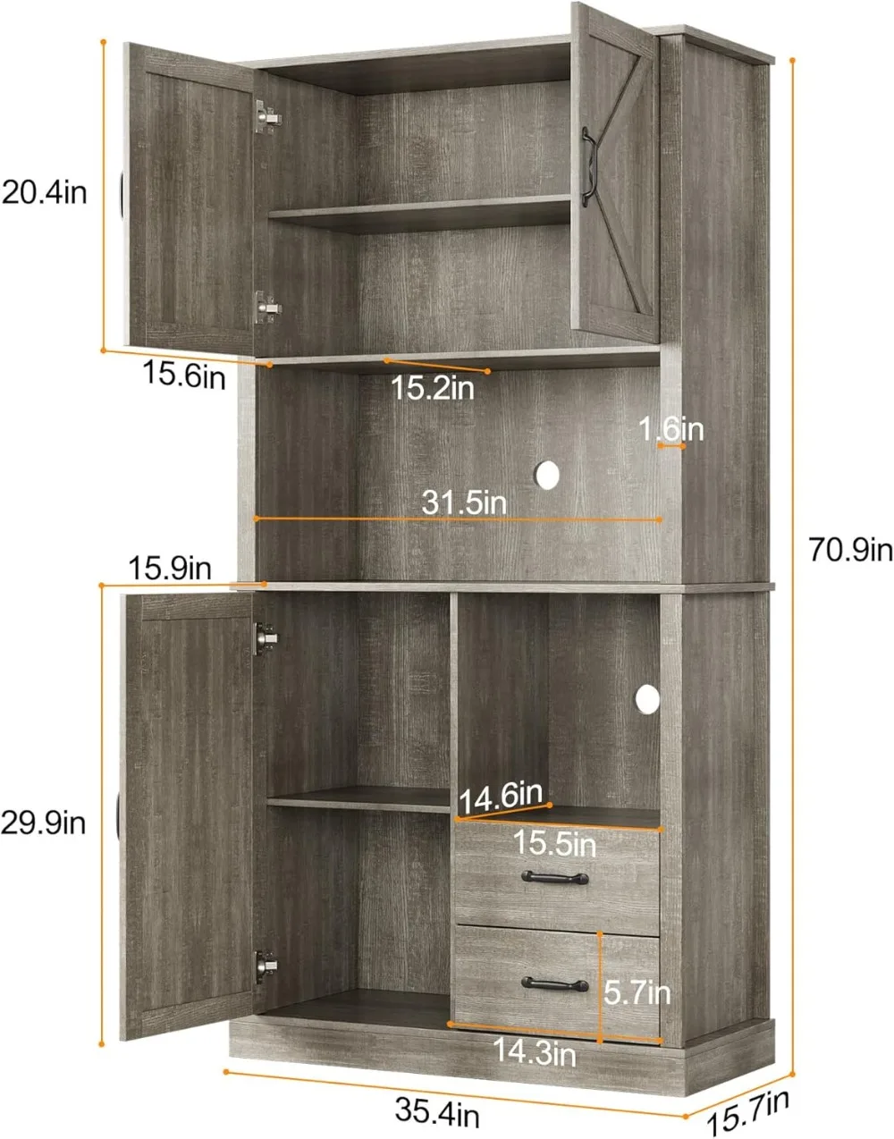 Modern Kitchen Pantry Cabinet with Microwave Stand with Drawers & Adjustable Shelves, for Dining Room,Grey image 2