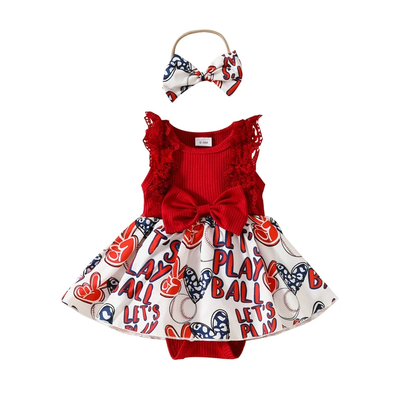 Vestido de Pelele con estampado de Strars para niñas, conjunto de diadema acanalada, ropa infantil para el día de la independencia, 4 de julio