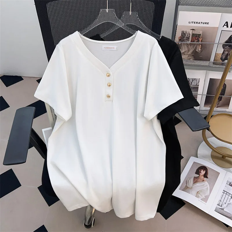 

175Kg Plus Size Women's Bust 170 Summer Loose V-Neck Short Sleeve T-Shirt Button Up Top Black White 4XL 5XL 6XL 7XL 8XL 9XL