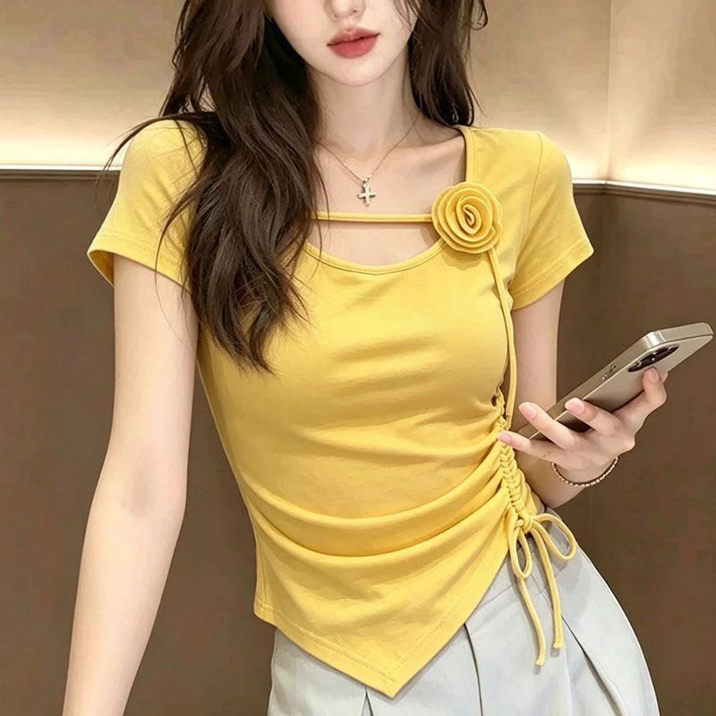 3D Rose U-Neck T-Shirt Women's Summer New Drawstring Waist in White Slimming Versatile Top Trendy Short Sleeve Breathable Ski...