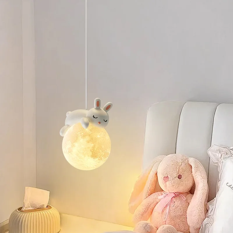 

Modern children's room night light decoration, luxurious teddy bear pendant light, residential white rabbit pendant light