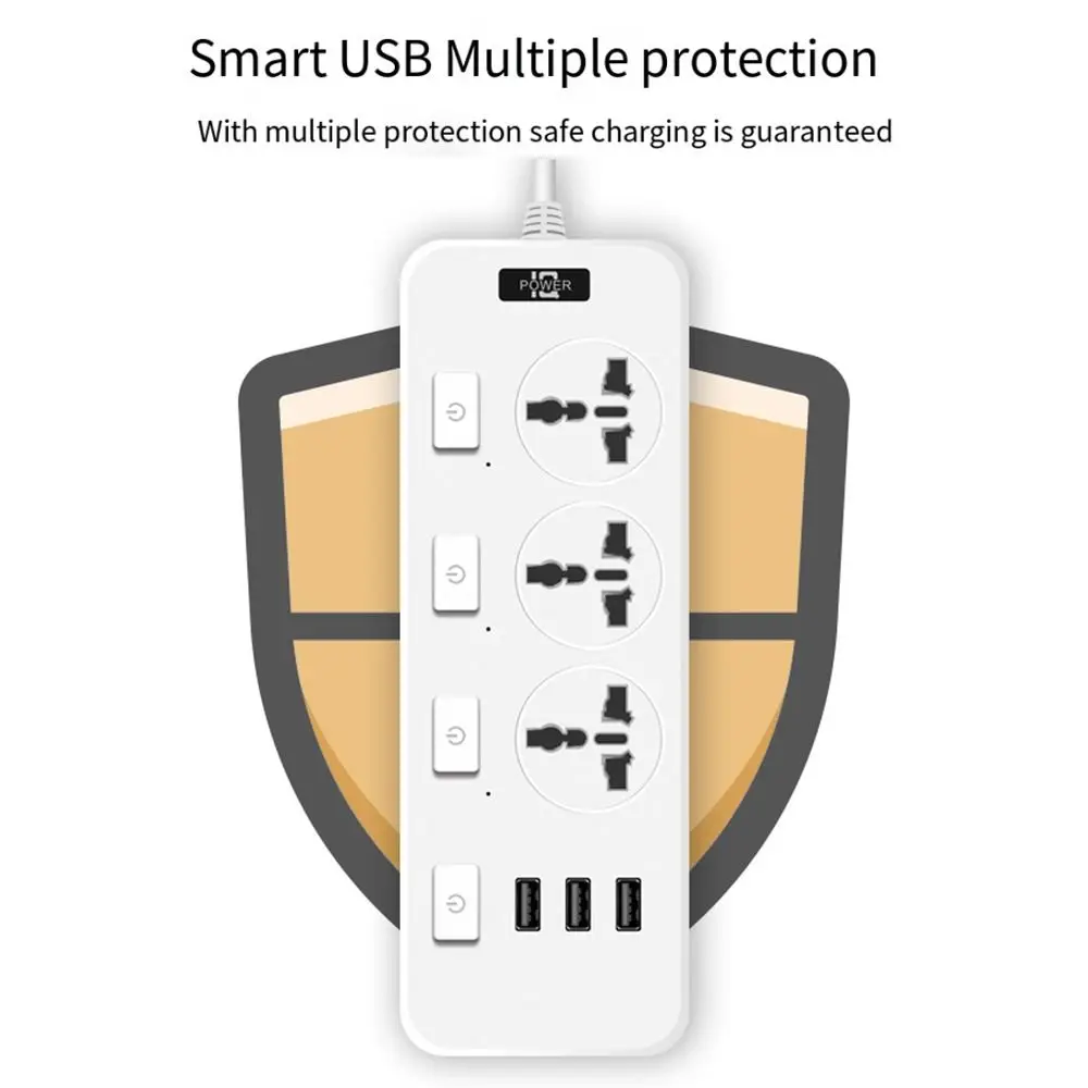 Durable Universal Electric Plug Socket US UK EU Plug 2500W Power Strips 3 USB Ports 3 Outlet Power Extension Board Dorm