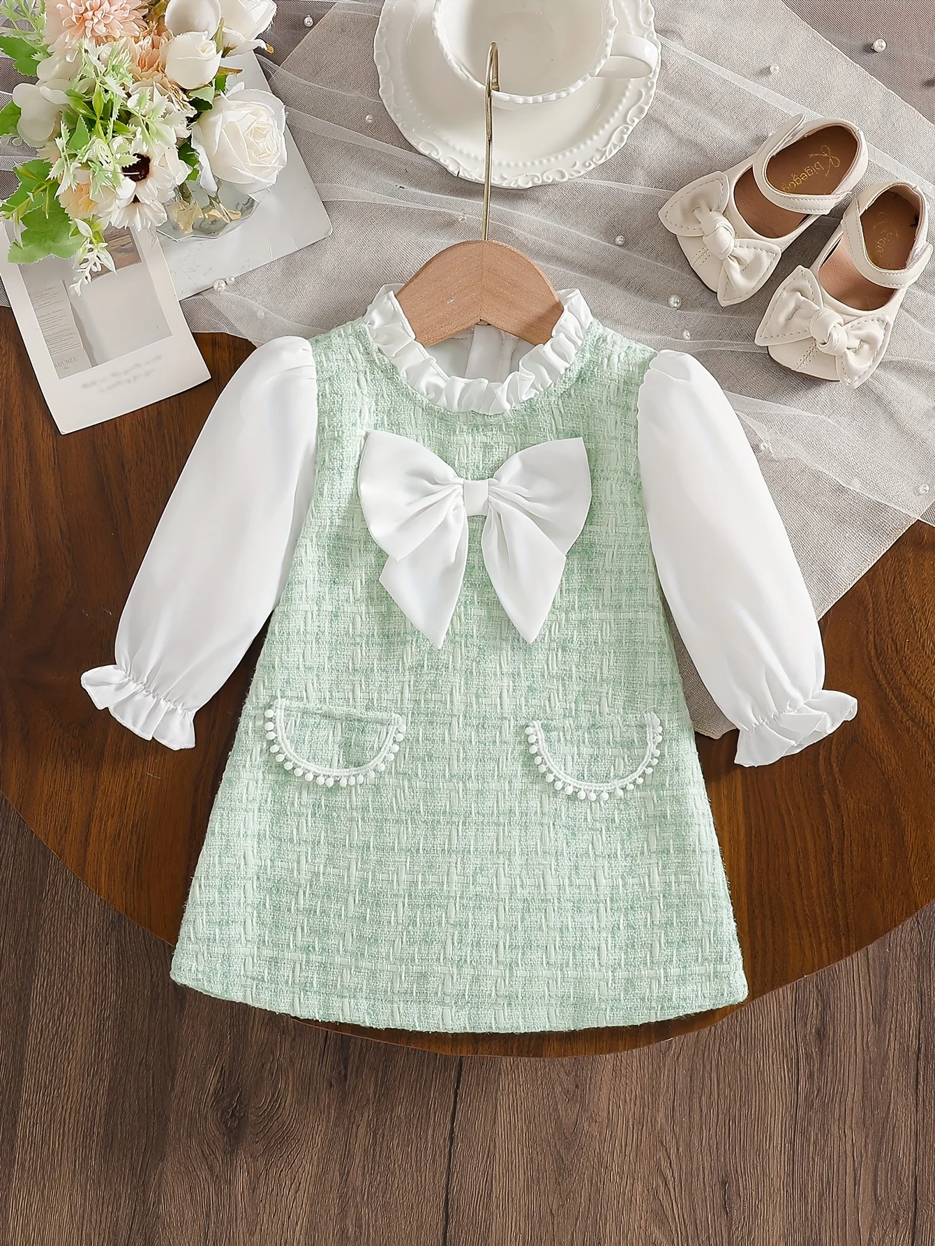 

Baby Girl Spring Elegant Bow Long-sleeve Princess Dress Chic Preppy Style Back-to-School/Daily/Trips/Birthday Valentine/Birthday