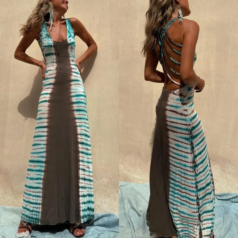 Fashion Stripe Printed Backless Cross Strap Dress 2024 Summer Sexy Sleeveless Long Dresses Vacation Beach Vestidos Streetwear