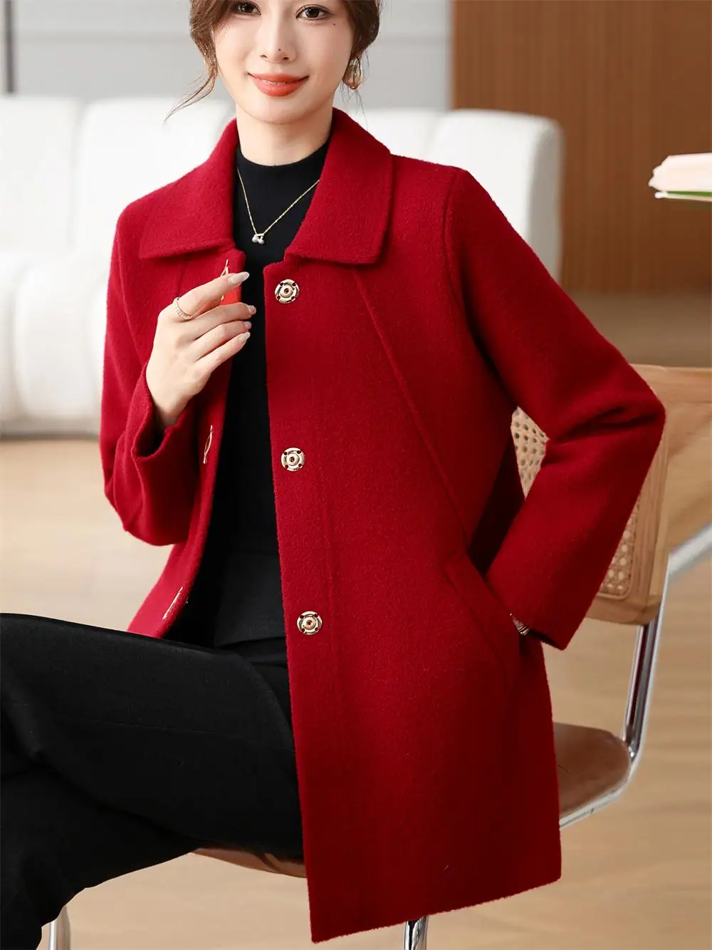 

New Faion Double-Sided Velvet Red Coat Women's Mid-Length Autumn Winter Woolen Jaet for Middle-Aged And ly Ladies