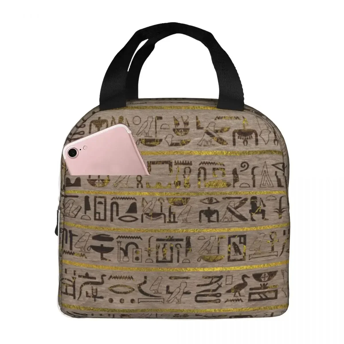 

Golden Egyptian Hieroglyphs Lunch Bags Portable Insulated Canvas Cooler Thermal Cold Food Picnic Lunch Box for Women Kids