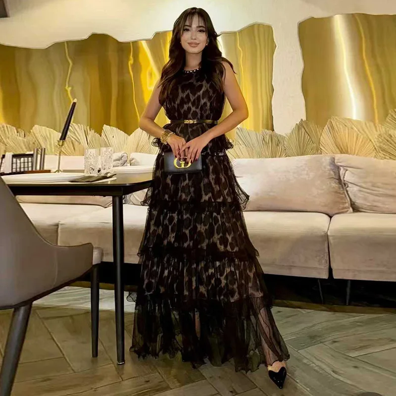 

Elegant Black Leopard Mesh Dresses Spring Women Sleeveless with Belt O Neck Dress Autumn Female High Waist Knee Length Dress