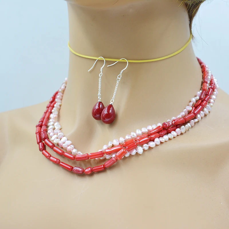 4-strand natural red coral pink Baroque pearl necklace/earring set 18”