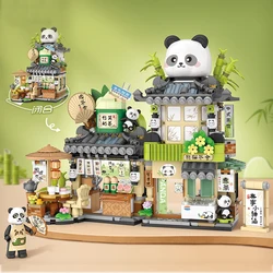 Mini bloques de construcción de casa de té, adornos de Panda lindo, Escena de calle de la ciudad, montaje de tienda plegable, juguetes para adultos y niños, regalos