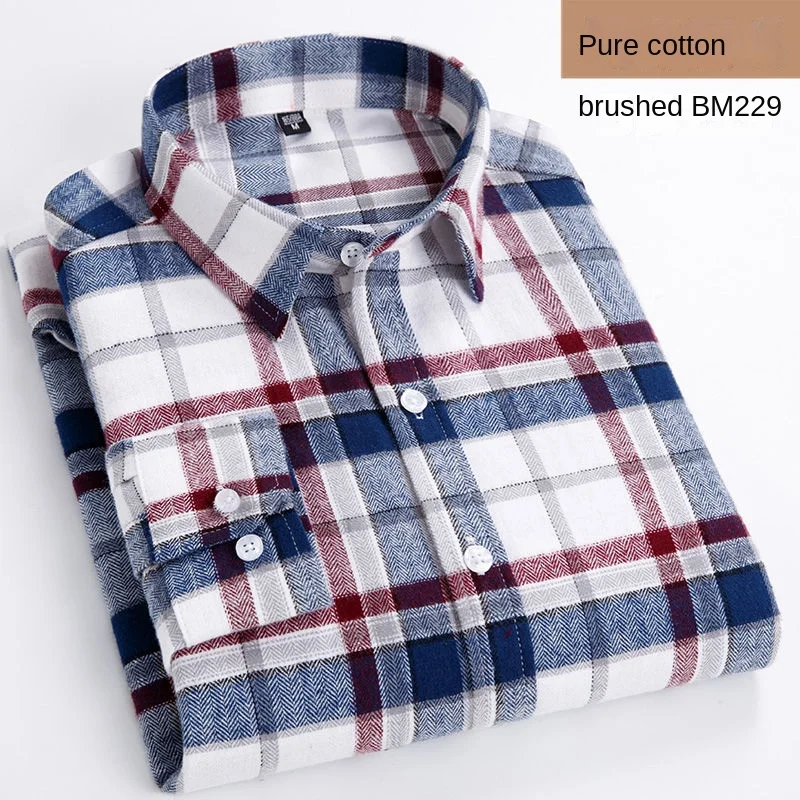 Cotton Plaid Shirt Men\'s Long-Sleeved High-End Clothing Casual Plaid Flannel Shirt 100% Cotton Button Tops Male Leisure Shellort