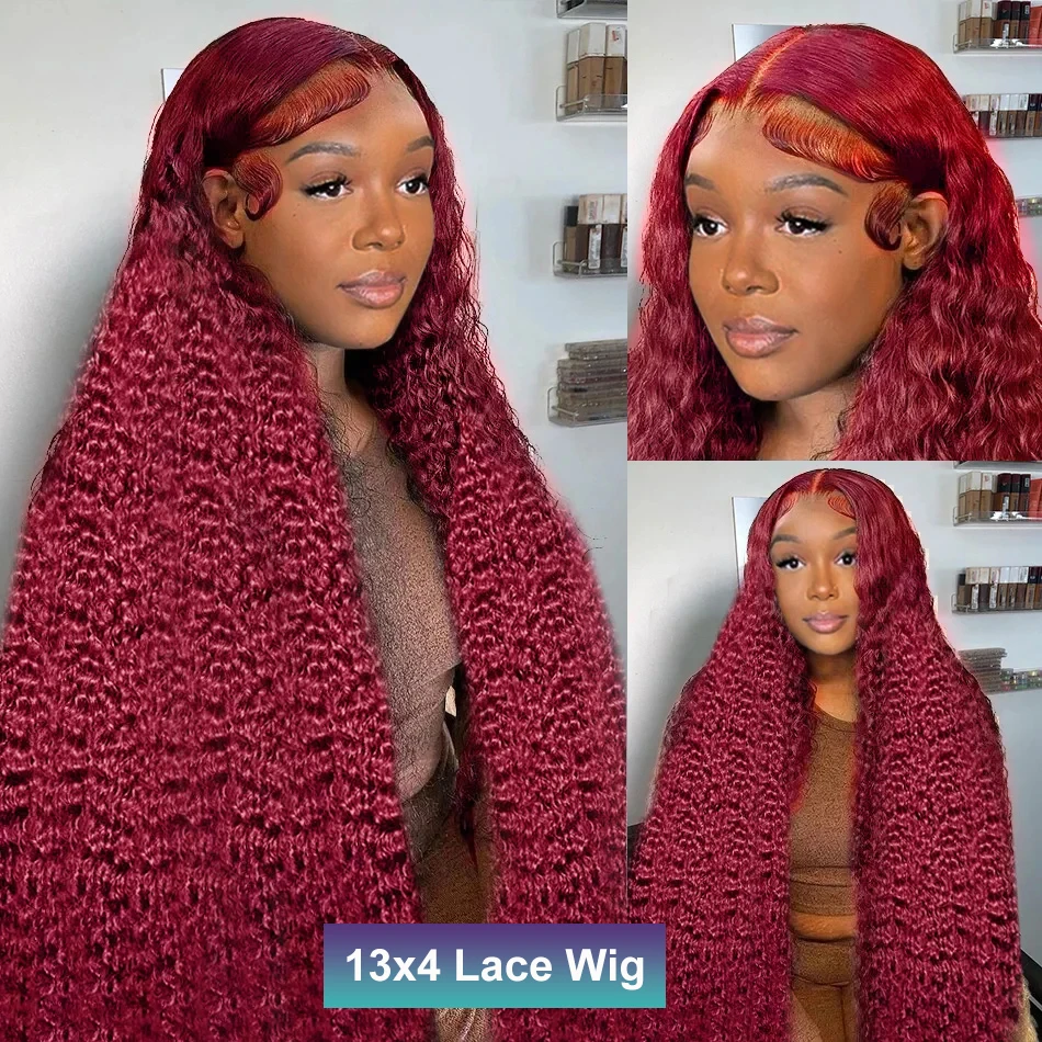 Perruque Lace Front Wig Deep Wave Brésilienne Naturelle, Cheveux Bouclés, Couleur Bordeaux 99J, 13x4 HD, Pre-Plucked