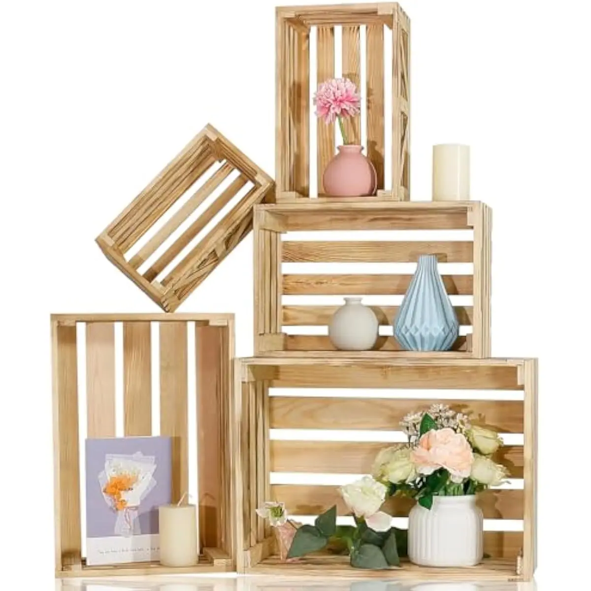 5 versatile nesting wooden crates in graduated sizes for display storage and rustic decor – stackable lightweight slatted pine b