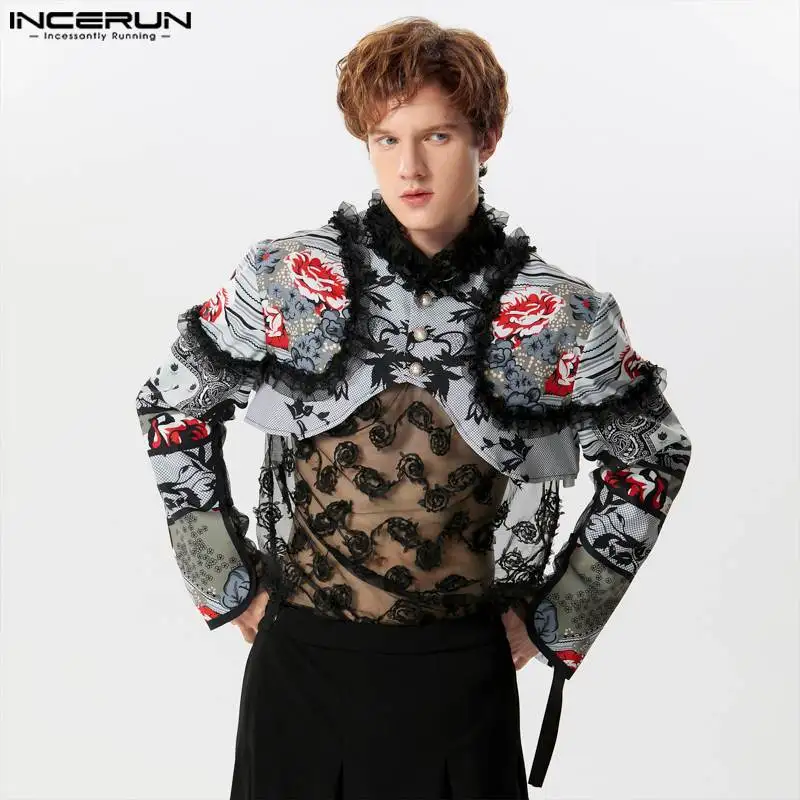 2024 Men Irregular Shirt Lace Printing Patchwork Lapel Long Sleeve Crop Tops Men Streetwear Fashion Casual Camisas S-5XL INCERUN