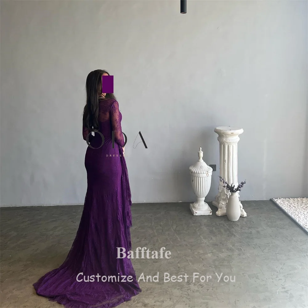 Mermaid Purple Lace Women Prom Dresses Customized Arabic Long Sleeves Slit Formal Evening Gowns Special Occasion Party Dress